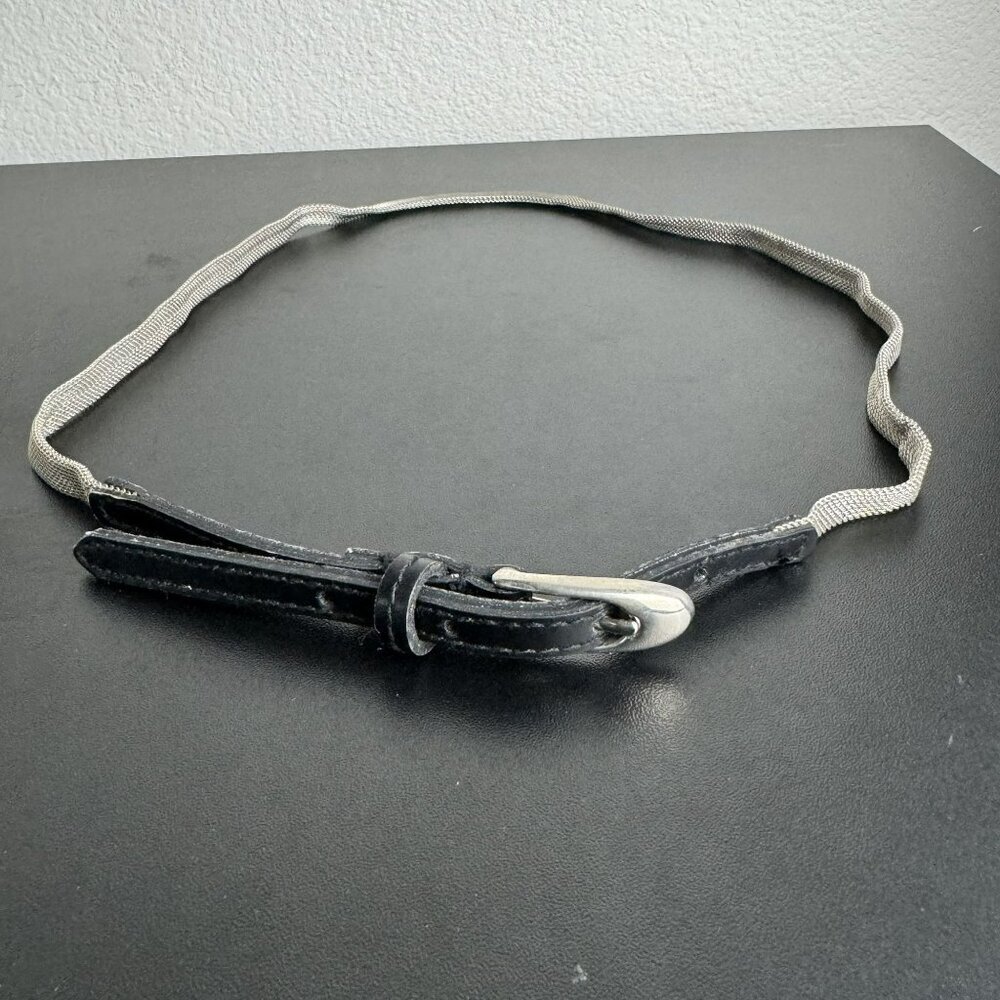 Guess Skinny Metal Mesh Leather Belt‎ Silver Buckle Retro Grunge Womens Size S
